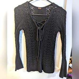 Free People Laced-up Black Knit Sweater